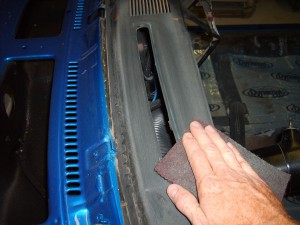 8.The cowl was primed and painted, along with all the door jambs, and then we prepped the dash itself. The dash was scuffed with a medium grit scotch-brite pad, being sure to cover all surfaces.