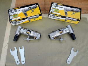 When staples like these pneumatic angle die grinders go on sale, we’ll buy extras. New pneumatic tools are considered oily from the assembly line, so ‘round here steps must be taken before paint shop use begins. We are about—to blow one out, but first let’s examine some nipples.